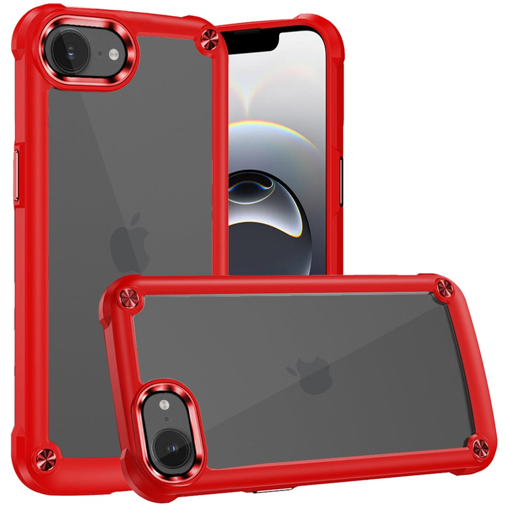 For Apple iPhone 17E /16E Hybrid Transparent Rubber with Metal Buttons & Camera Edges Hard TPU Corner Frame Bumper Case Cover