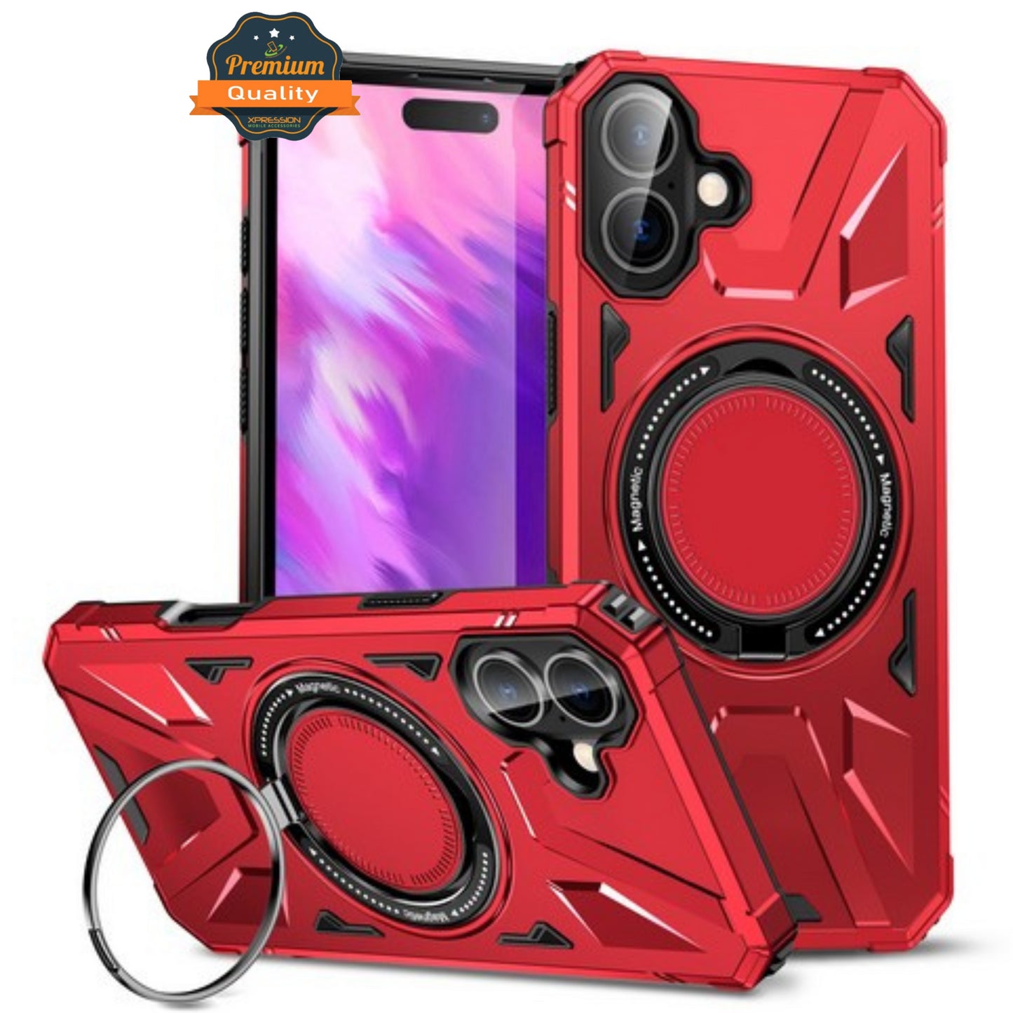 For Apple iPhone 17 Tough Shockproof Hybrid Magnetic Large Rotating Ring Stand Compatible with MagSafe Case Cover