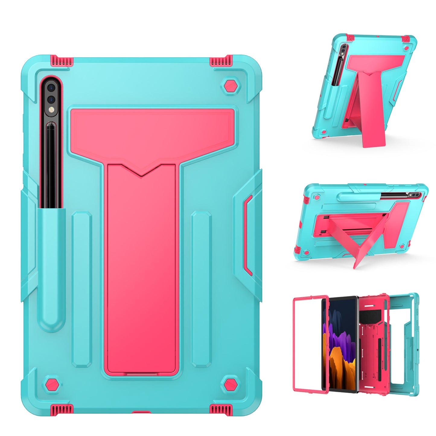 For Tough Hybrid with Vertical 3-in-1 Design, Built-in Kickstand, Shockproof Rugged Full Body with Grip Protection Teal Pink Tablet Case Cover