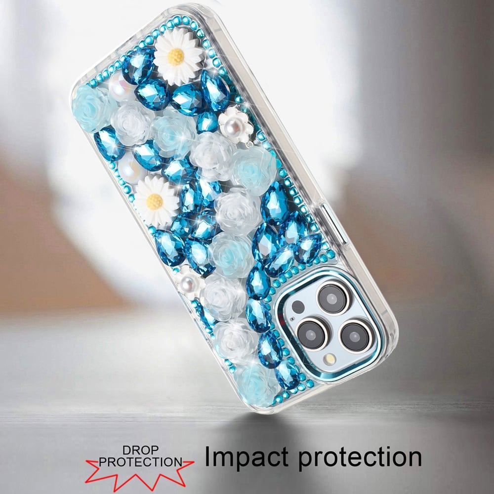 For Apple iPhone 12 Pro Max Fashion Daisy Floral Series, Full 3D Bling Crystal Diamonds Sparkling Rhinestone Glitter Hybrid Design Case Cover Black