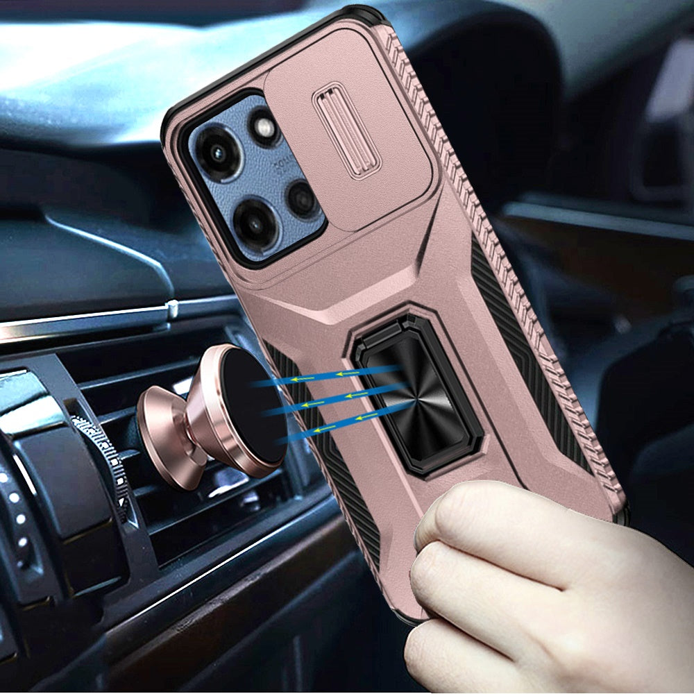 For Apple iPhone 17E /16E Case, Camera Cover with Magnetic Rotation Ring Stand, Military Grade Hybrid Hard TPU Shockproof Case Cover Rose Gold