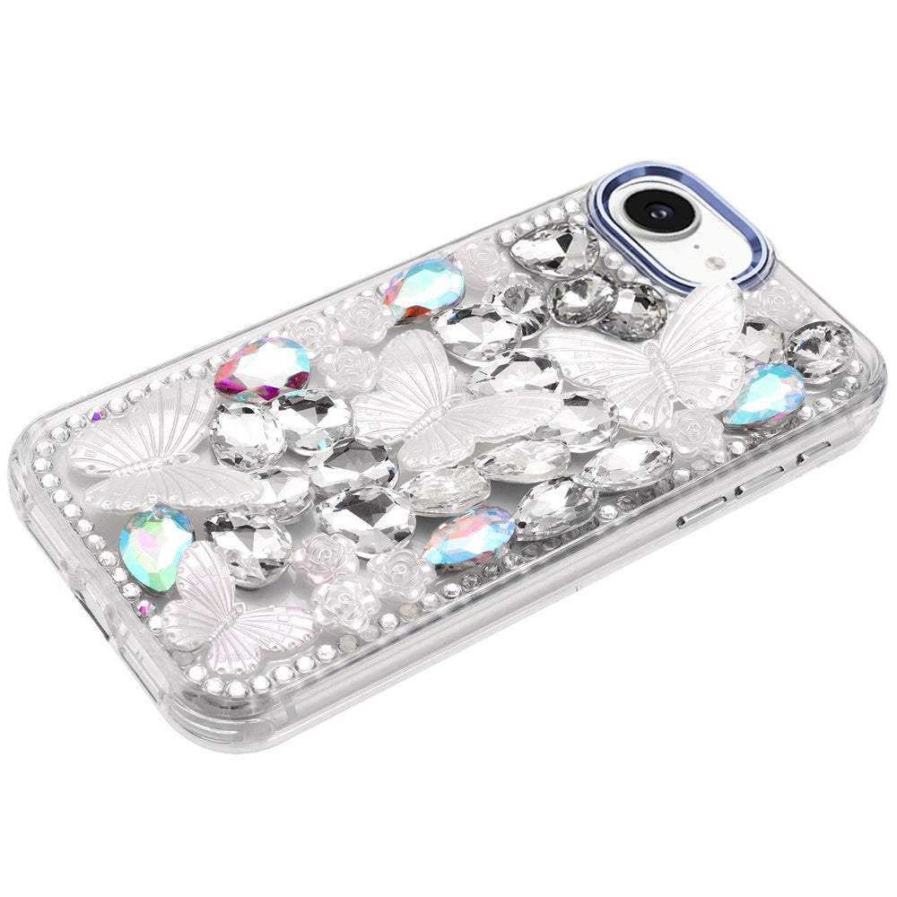 For Apple iPhone 16e 3D Diamond Floral Butterfly Bling Stone Hybrid, Sparkly Rhinestone Gemstone Back Shockproof Case Cover