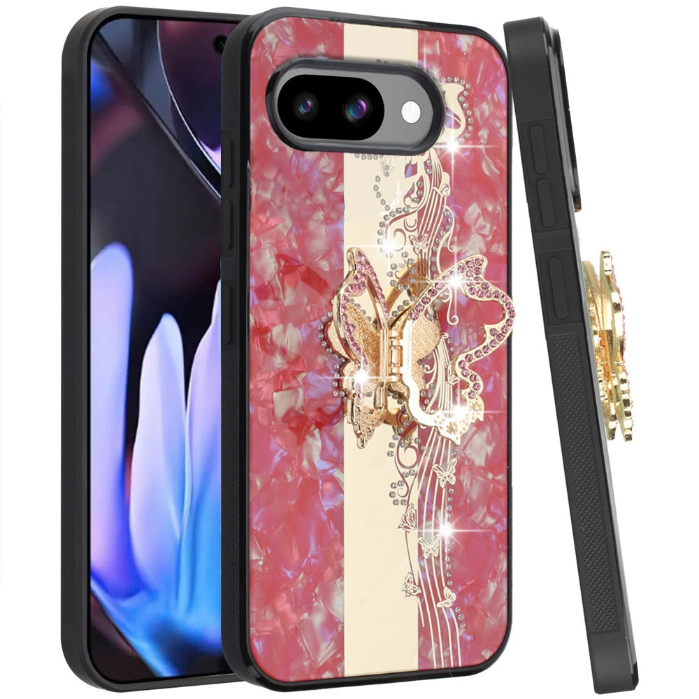 For Google Pixel 9A Diamonds 3D Fashion Bling Sparkly Glitter Ornaments Engraving Hybrid with Ring Stand Case Cover