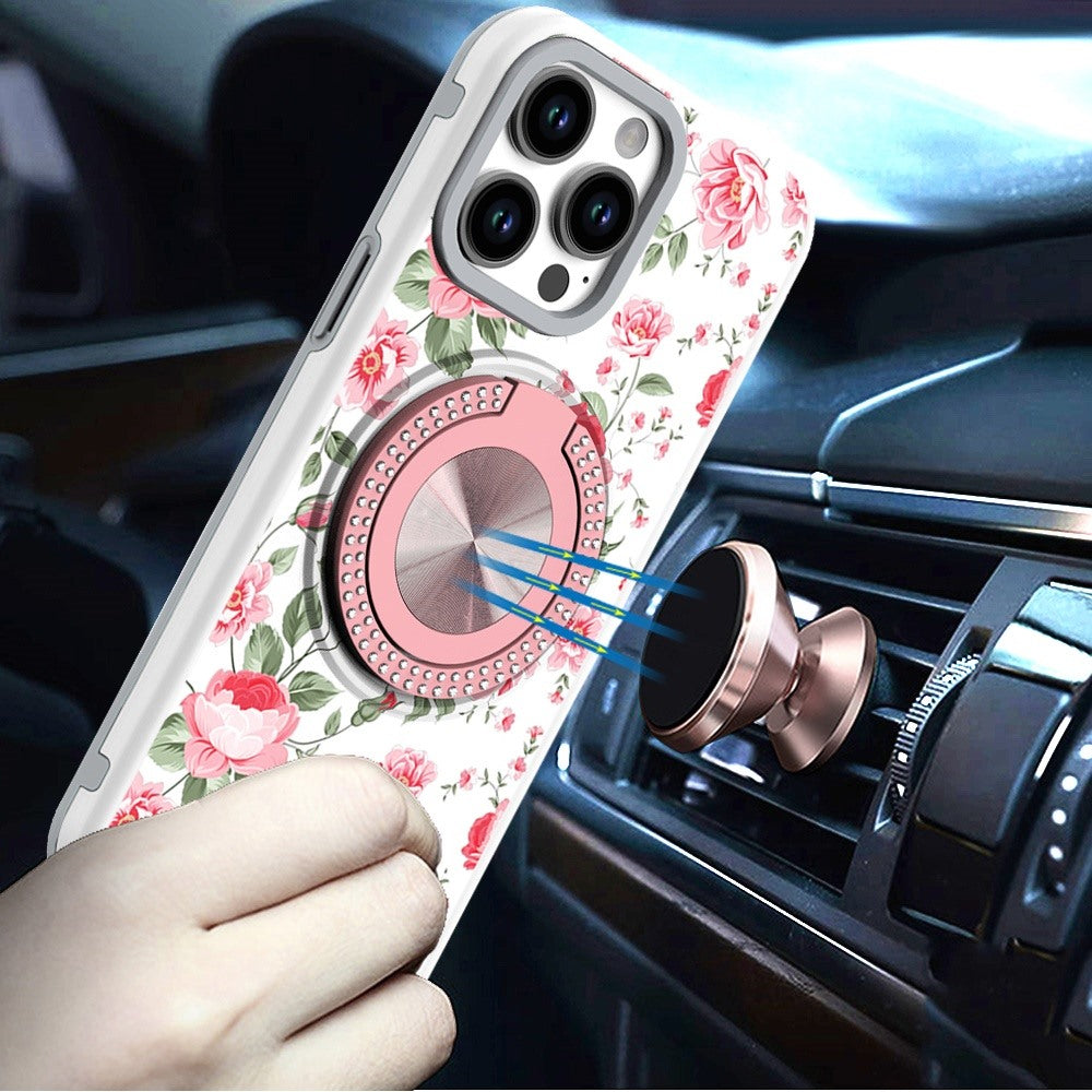 For Apple iPhone 16e Pattern Design Hybrid with Invisible Ring Stand & Magnetic Back, Shockproof Protective Grip Case Cover Red Flowers