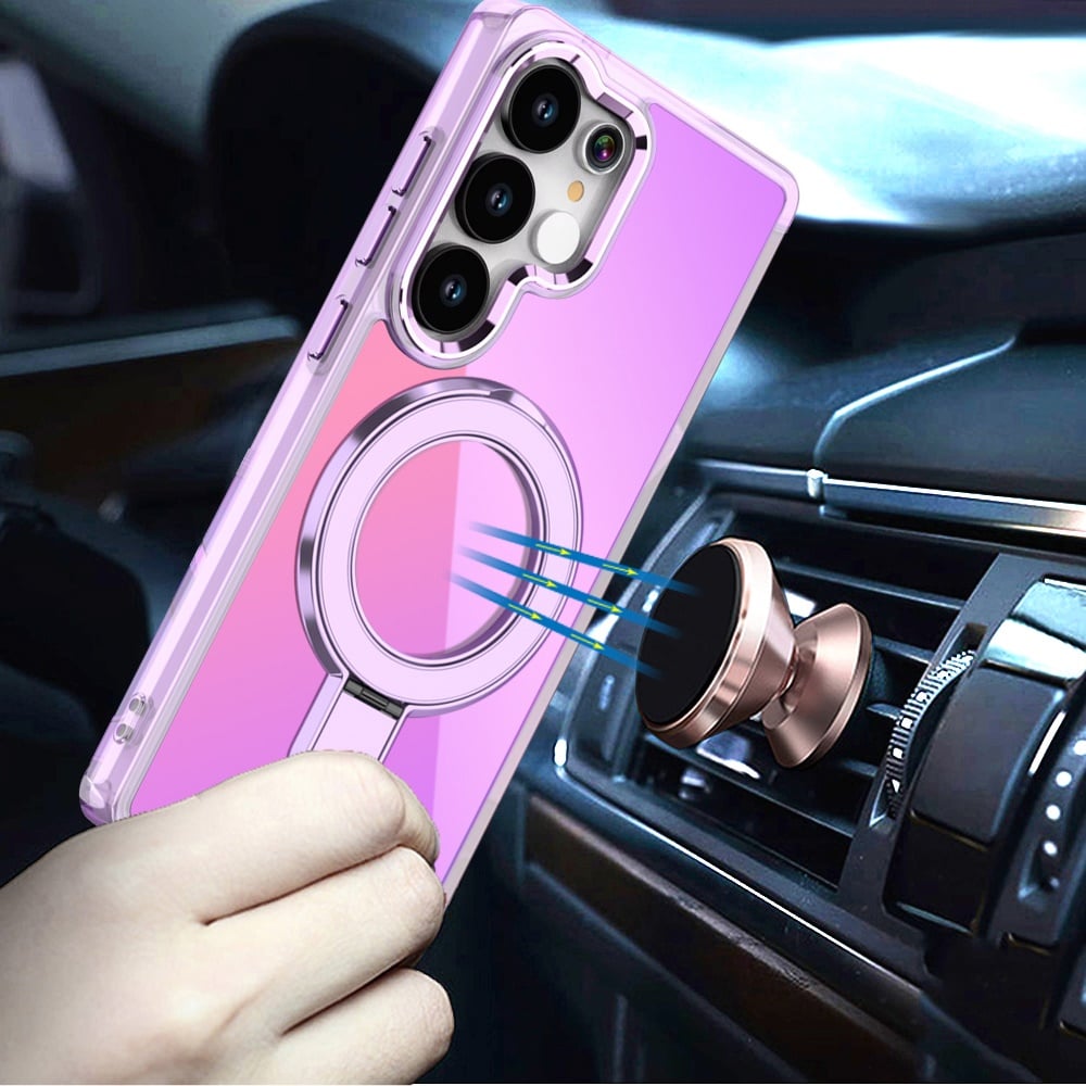Phone Case for Samsung Galaxy S25 Ultra Chrome Magnetic Ring Stand Rotational Shockproof Hybrid Kickstand Metal Finish Rugged Drop Protection Armor Cover