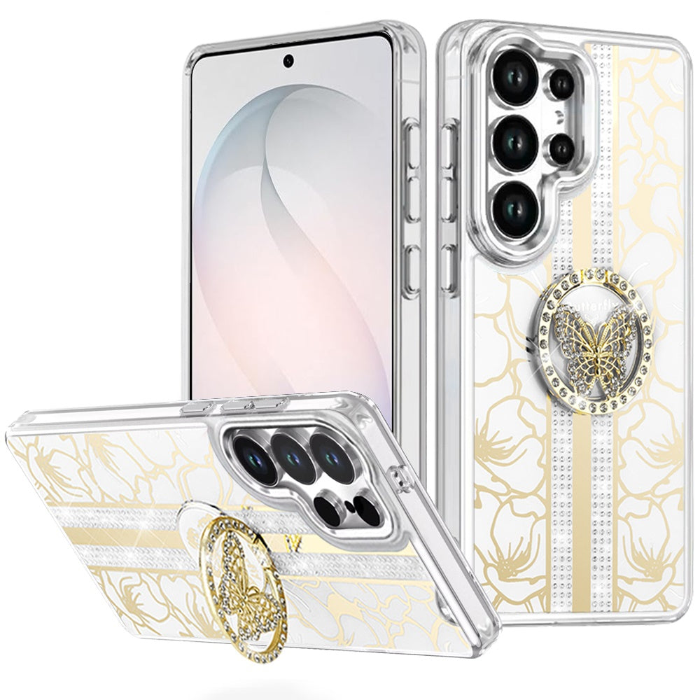 For Samsung Galaxy S26 Ultra Diamonds 3D Butterfly Floral Design Bling Sparkly Glitter Hybrid Metal Fashion with Ring Stand Case Cover