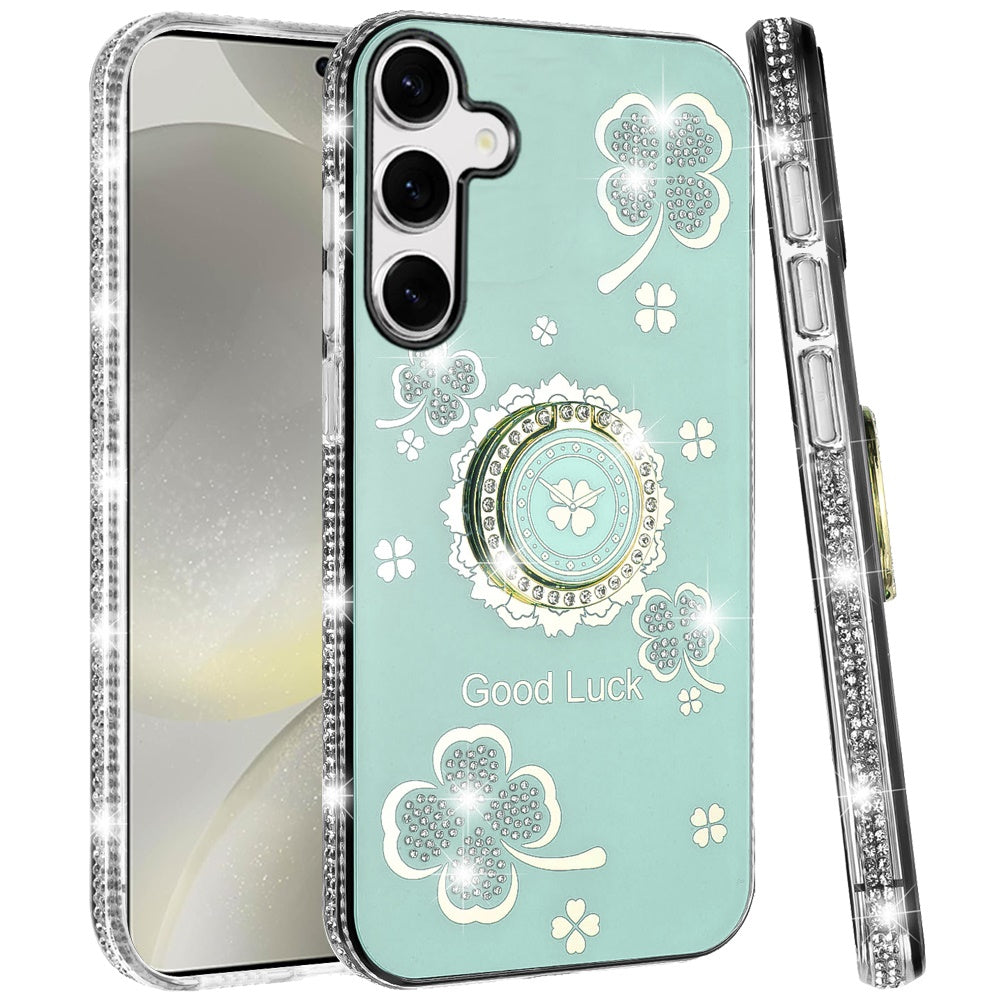 For Samsung Galaxy S25+ /S25 Plus /S24+ Plus Diamonds Bling All Around Edges Sparkly Glitter Hybrid with Ring Stand Holder Fashion Good Luck Case Cover