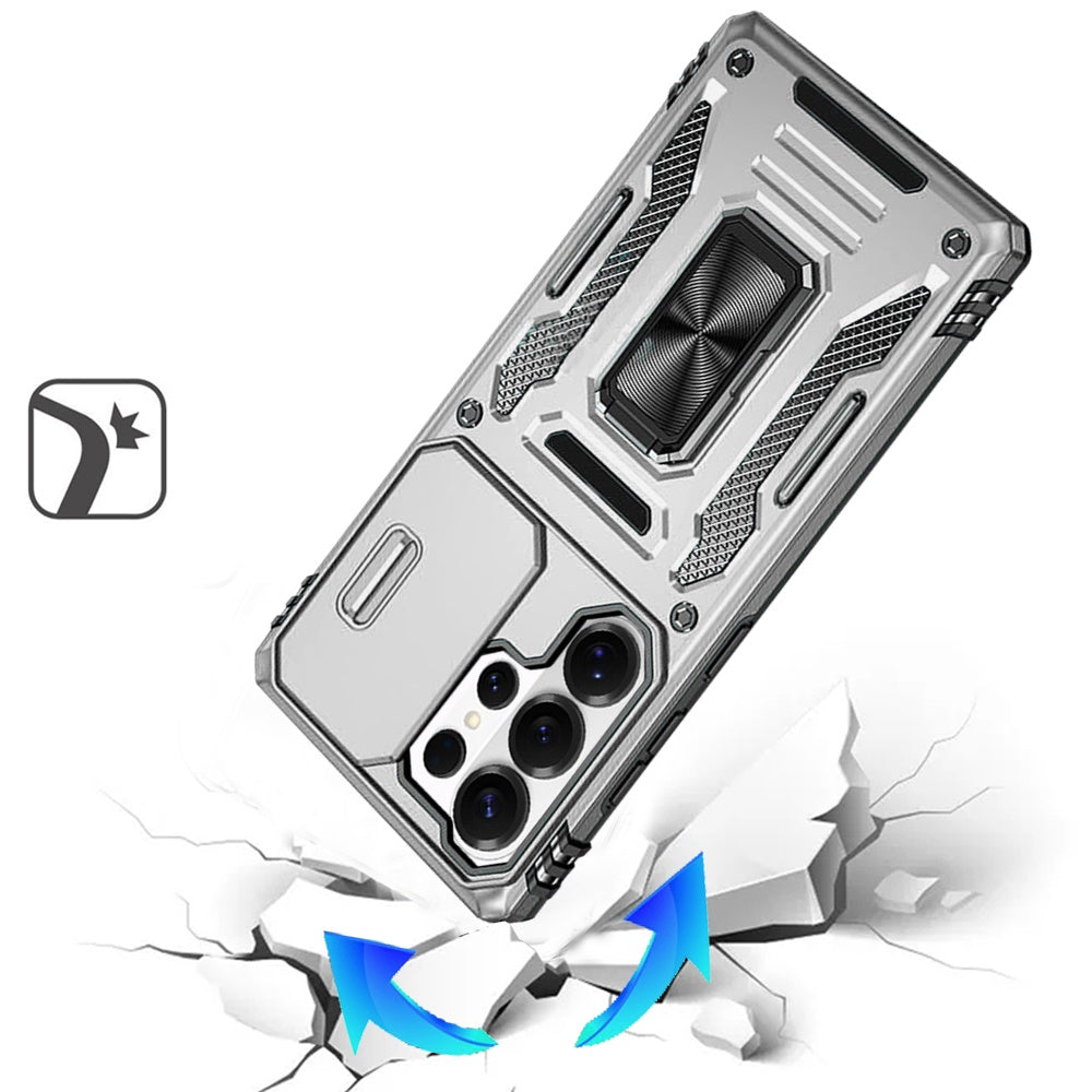 For Samsung Galaxy S26 Ultra Tough Hybrid Case with Movable Camera Window & Metal Ring Stand Shockproof Case Cover