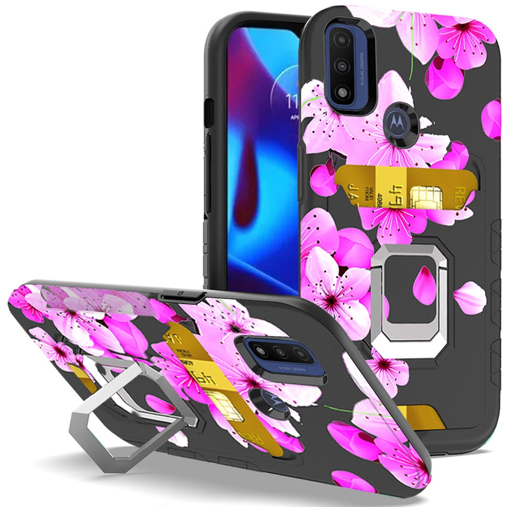 For Motorola Moto G Pure Stylish Wallet Case Designed Credit Card Holder & Magnetic Kickstand Ring Heavy Duty Hybrid Armor Phone Case Cover