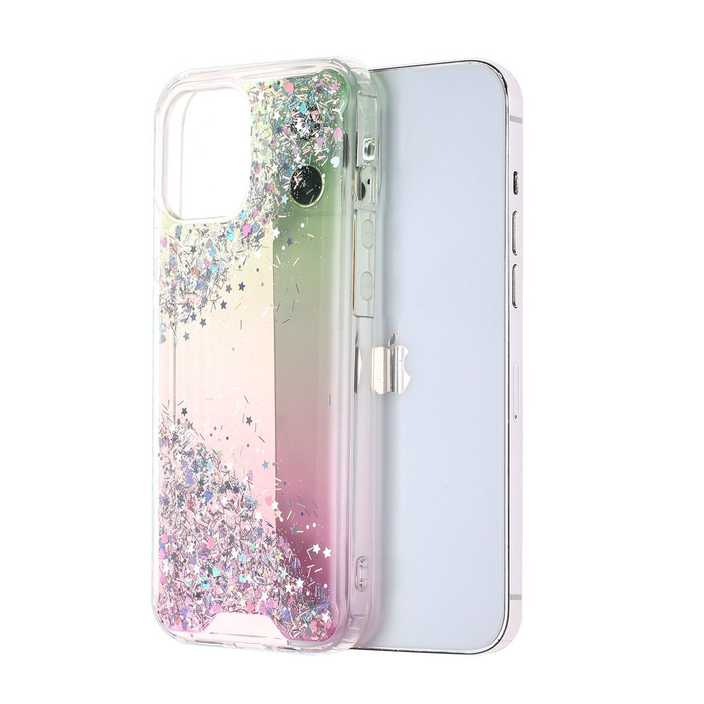 For Apple iPhone 13 (6.1") Pattern Clear Design Transparent Glitter Bling Hybrid Plastic Hard Back TPU Rubber Armor Phone Case Cover