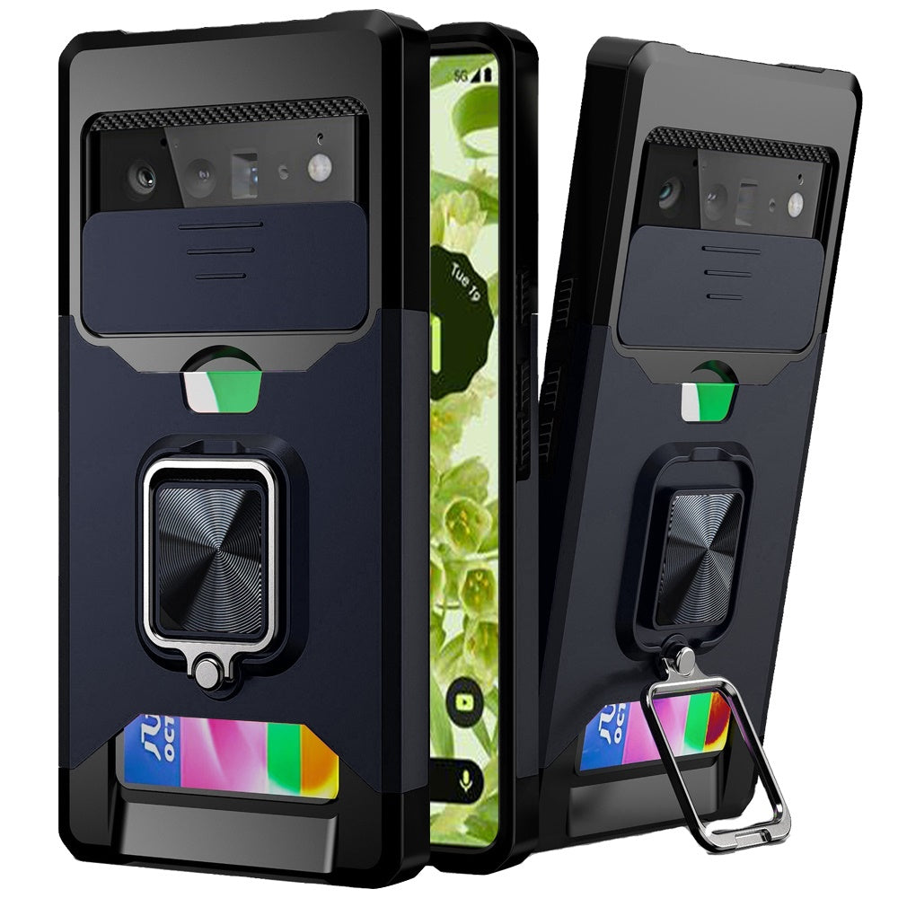 For Google Pixel 6 /6 Pro Wallet Case with Ring Stand & Slide Camera Cover Credit Card Holder, Military Grade Hard Shockproof Protective Phone Case Cover