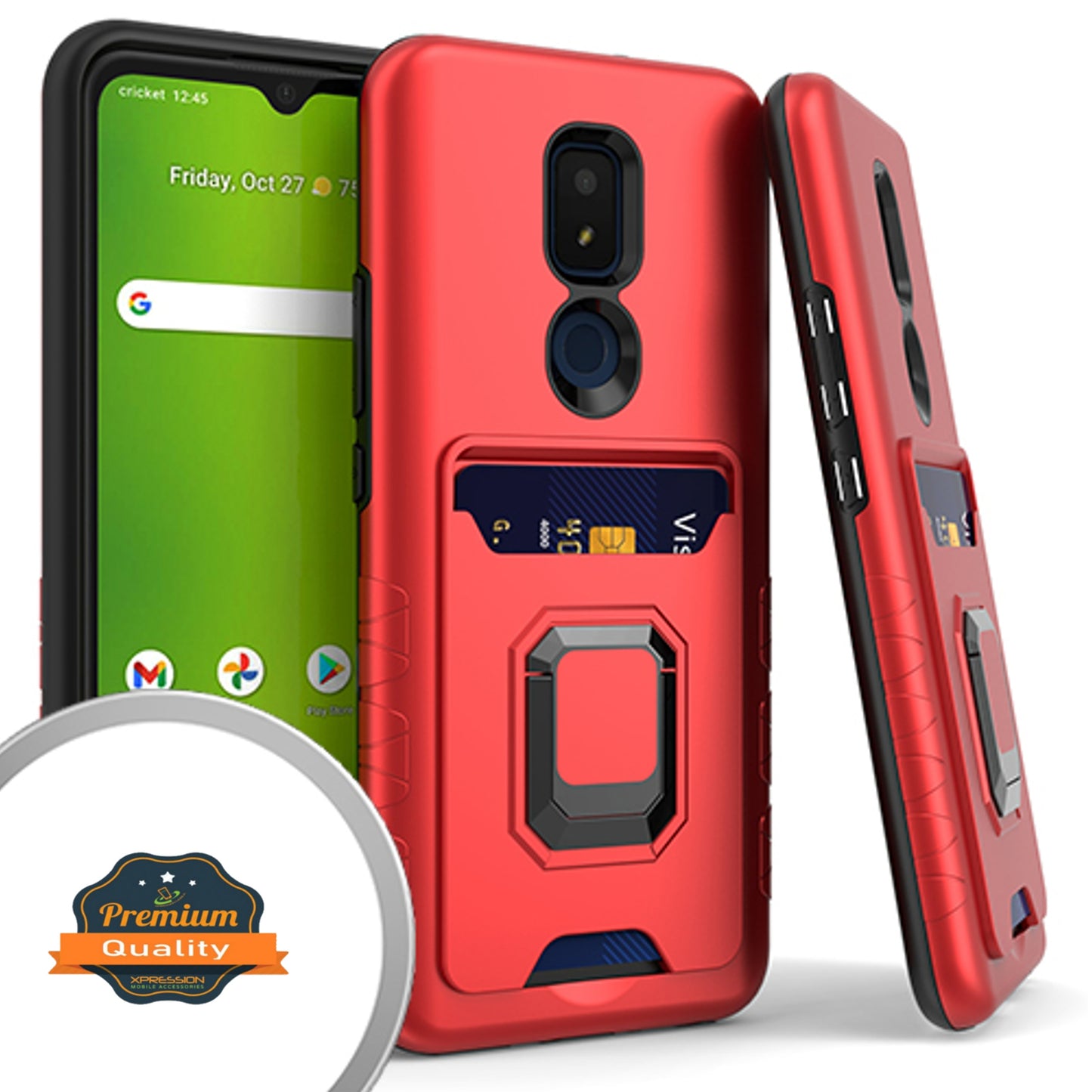 For Cricket Icon 3 Wallet Credit Card Slot Holder with Metal Ring Kickstand Heavy Duty Shockproof Hybrid Dual Layer Magnetic Stand Phone Case Cover