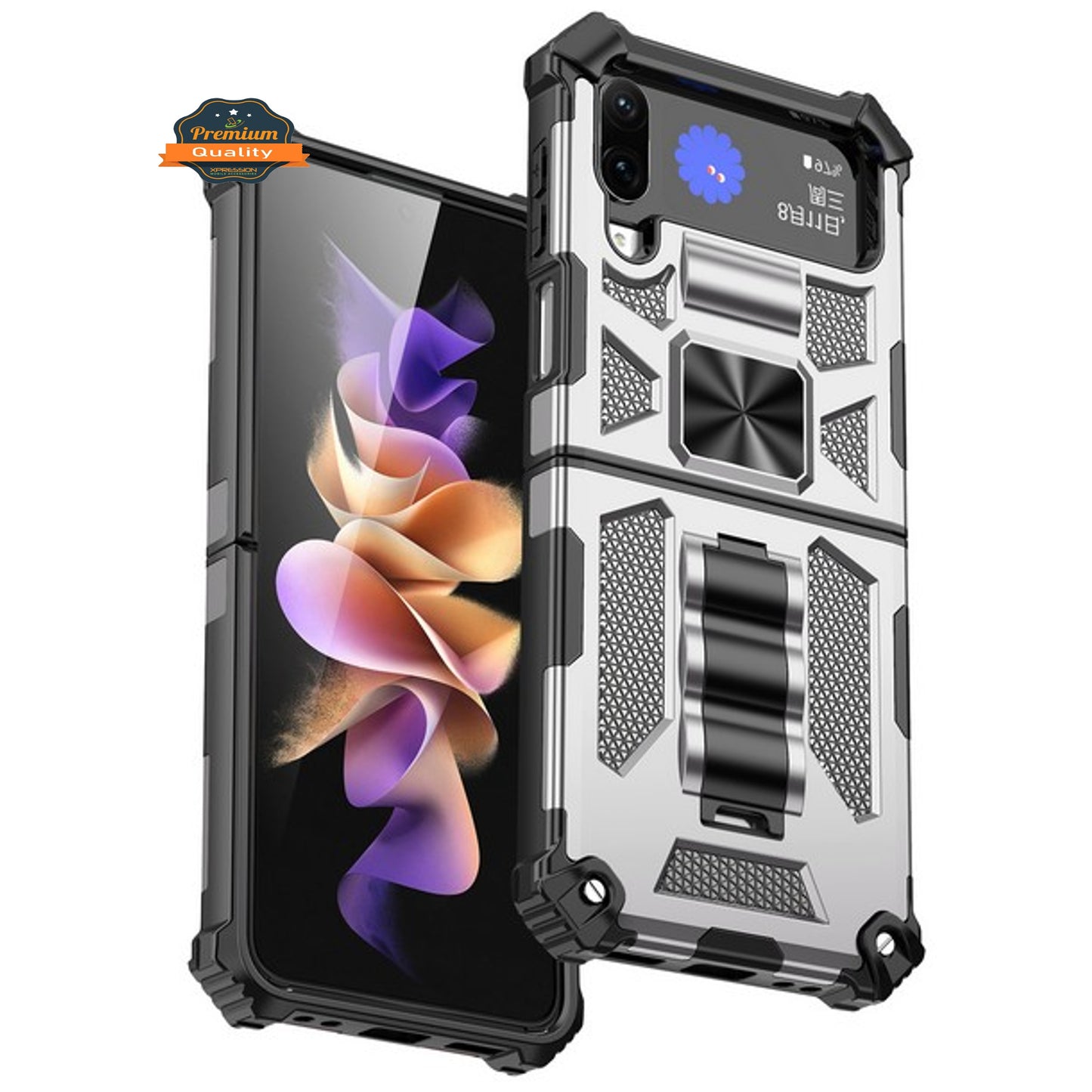 For Samsung Galaxy Z Flip 4 5G Built in Magnetic Kickstand, Military Hybrid Bumper Heavy Duty Dual Layers Rugged Stand Phone Case Cover