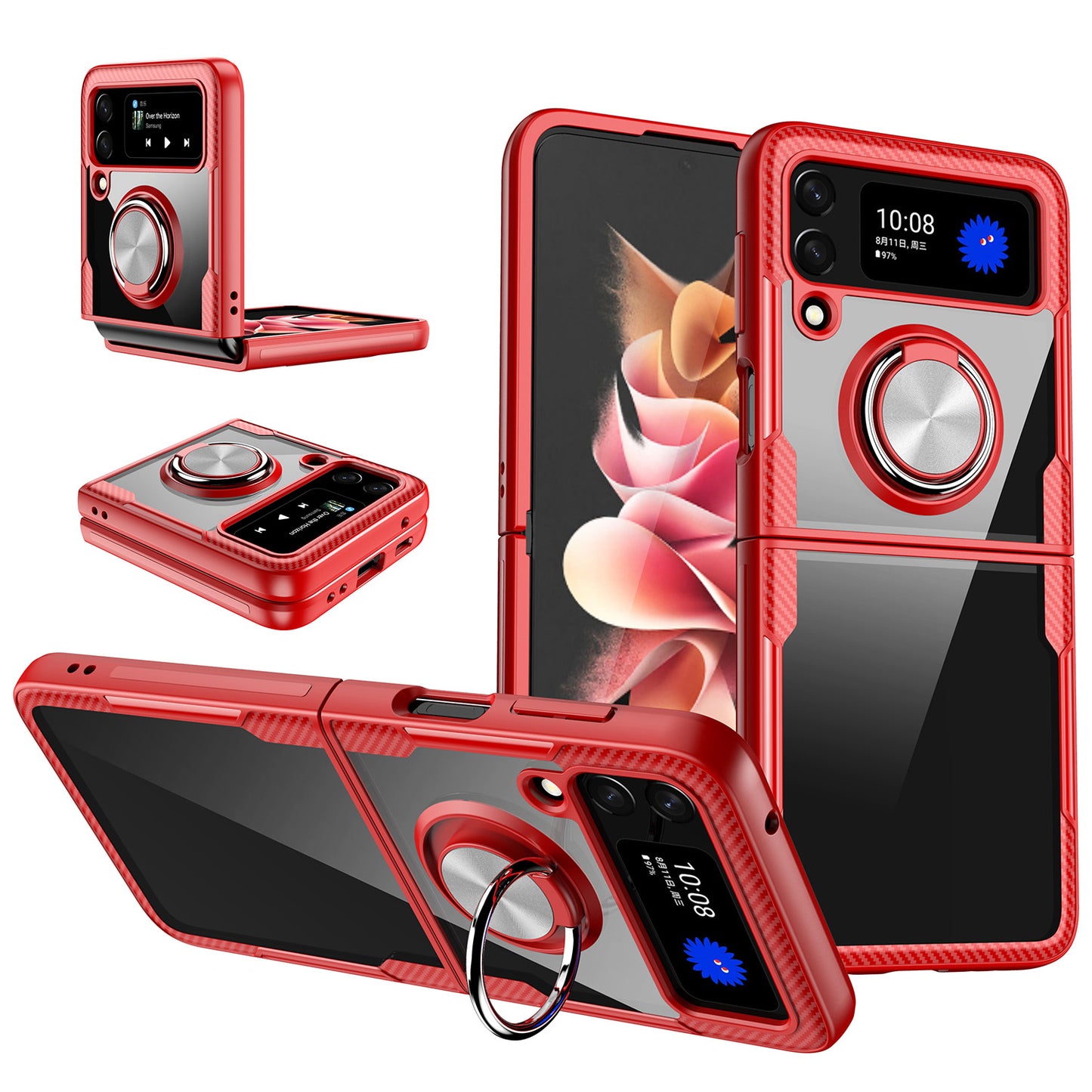 For Samsung Galaxy Z Flip 3 5G Clear Silicone Shockproof Tuff Hybrid Protection Cover Transparent TPU with Magnetic Ring Kickstand Phone Case Cover