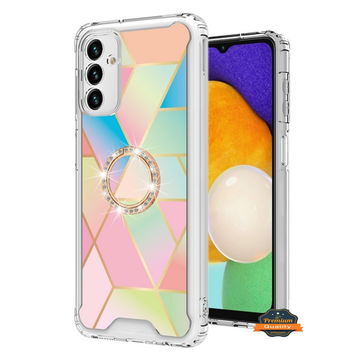 For Samsung Galaxy A13 5G Fashion Design Pattern Flowers Hybrid Ring Kickstand Bling Diamond Hard PC + TPU Phone Case Cover