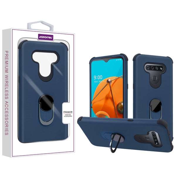 For LG K51 / Reflect Rugged Shockproof Hybrid Armor with Finger Ring Stand Holder Kickstand Navy Blue Phone Case Cover