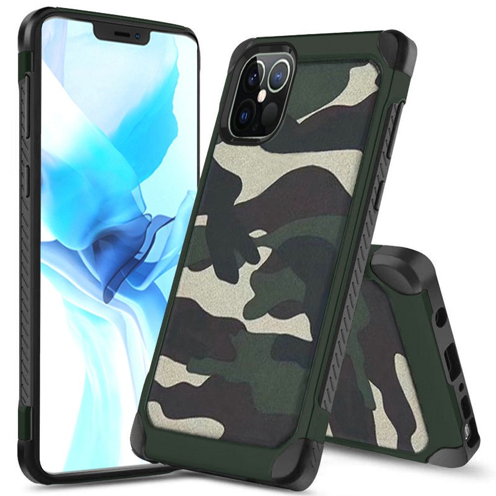 For Apple iPhone 13 Pro (6.1") Shockproof Slim Hybrid Silicone Camouflage Camo Design Dual Layer Rubberized TPU Hard Shell Armor Phone Case Cover