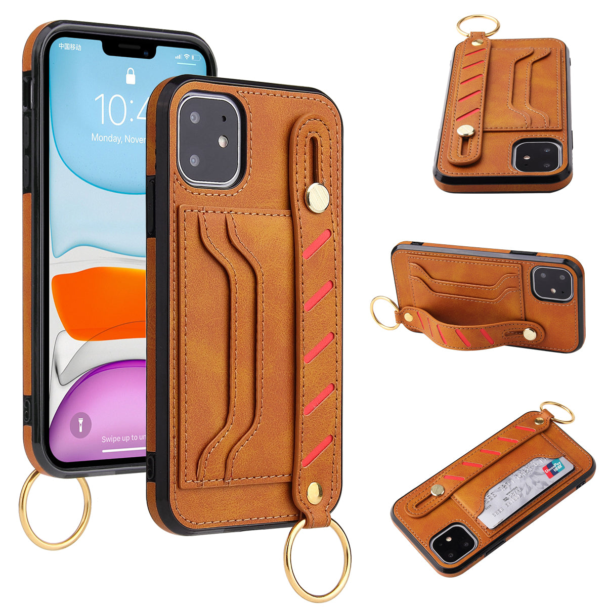 For Apple iPhone 14 /Plus Pro Max Vegan Leather Multi-Functional Credit Cards Slot with Wrist Strap Stand Pocket Phone Case Cover