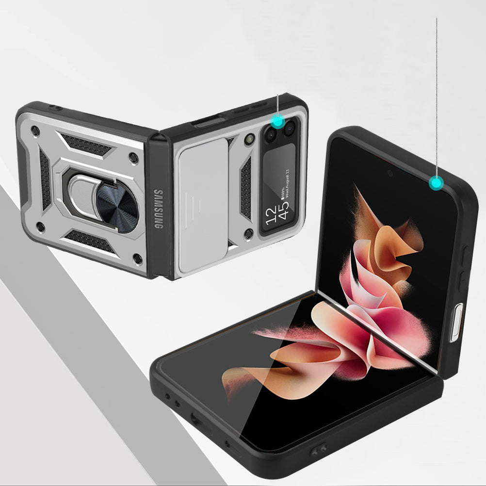 For Samsung Galaxy Z Flip 4 5G Hybrid with Slide Camera Lens Cover and Ring Holder Kickstand Rugged Heavy Duty Hard Phone Case Cover