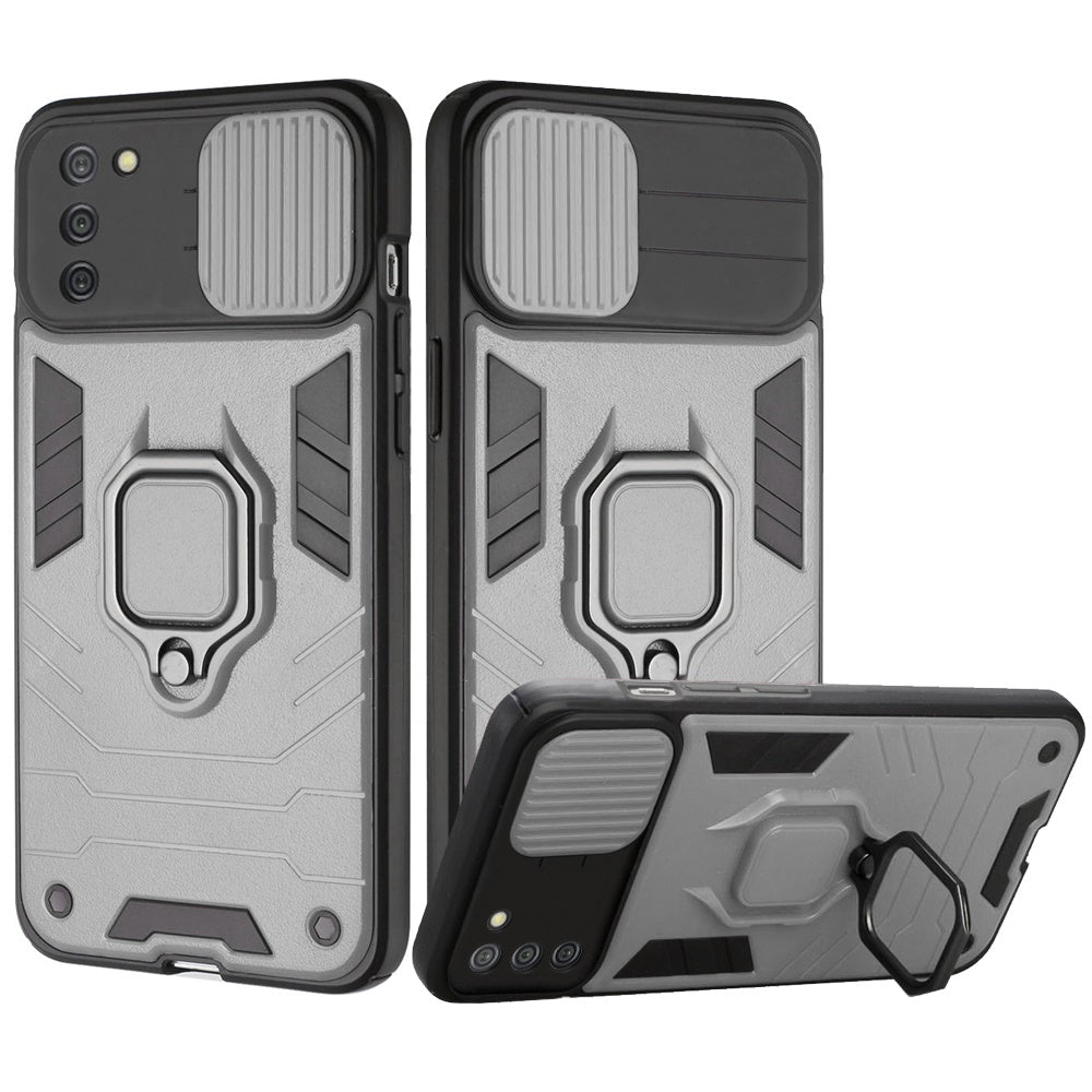 For Samsung Galaxy A02S Kickstand Hybrid with Slide Camera Protector, Built-in 360° Rotate Ring Stand Magnetic PC & TPU Bumper Phone Case Cover