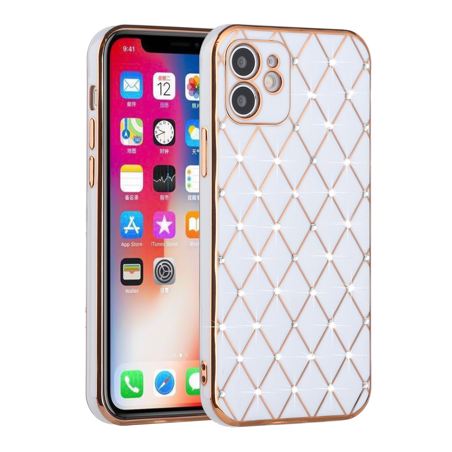 For Apple iPhone 11 (6.1") Luxury Diamonds on Electroplated Grid Design Rhinestone Protective TPU Hard PC Phone Case Cover