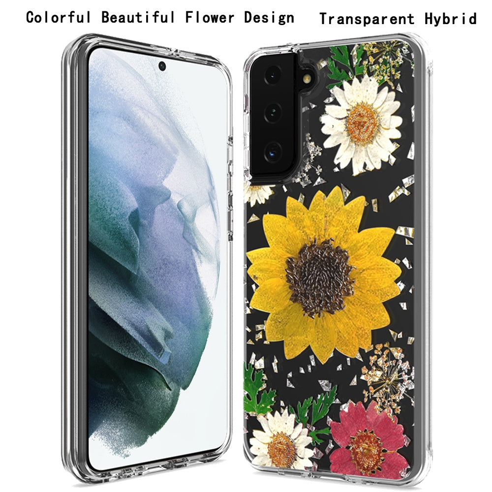 For Samsung Galaxy S22 /Plus Ultra Glitter Floral Print Pattern Clear Design Shockproof Hybrid Fashion Sparkle Rubber TPU Bumper Phone Case Cover