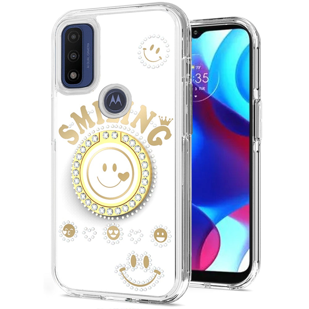 For Motorola Moto G Pure /G Power 2022 Smiling Glitter Ornament Bling Sparkle with Ring Stand Hybrid Hard Back Shell Phone Case Cover