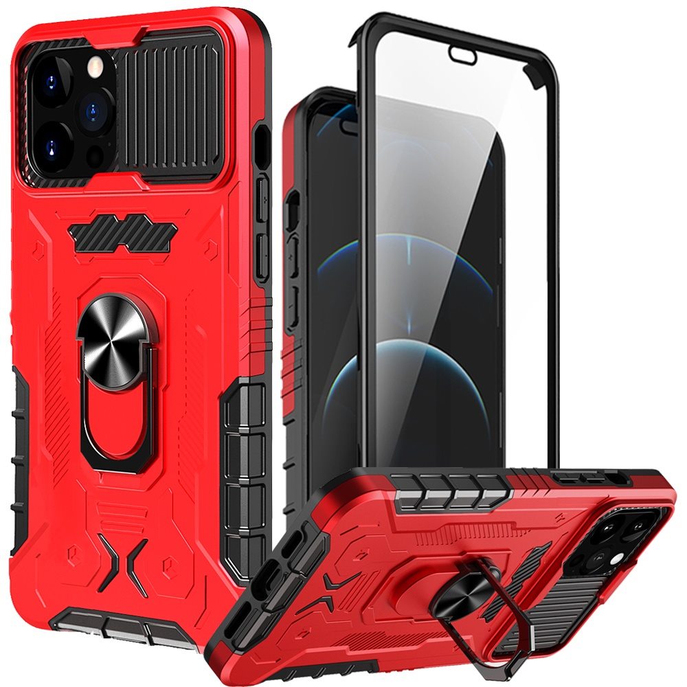 For Apple iPhone 13 Pro (6.1") Ring Stand Cases with Slide Camera, Kickstand & Screen Protector Military Grade Shockproof Phone Case Cover
