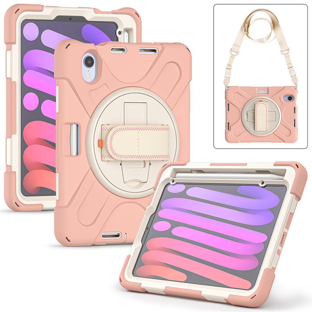 For Apple iPad Mini 6 (2021) Heavy Duty Rugged Hybrid with Kickstabd, Hand Strap, Pencil Holder, Sholder Strap Shockproof Full Protective Phone Case Cover