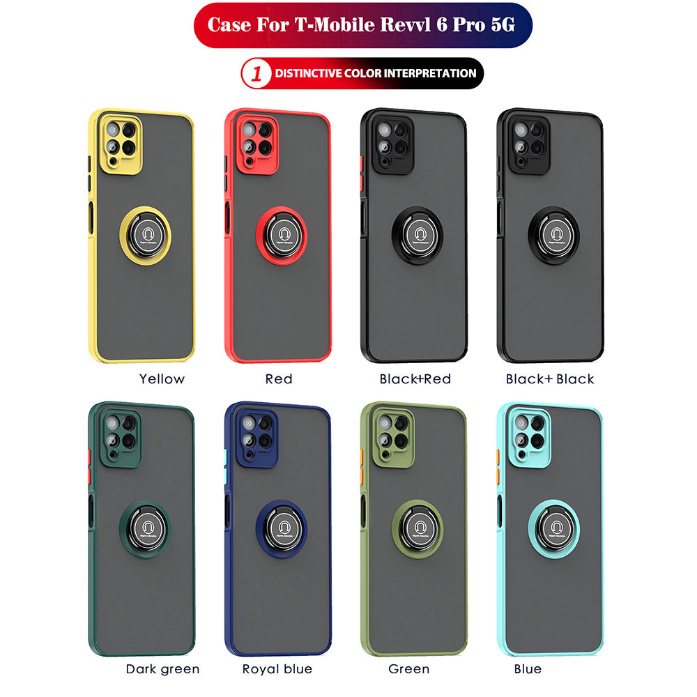 For T-Mobile Revvl 6 Pro 5G Hybrid Frosted Matte Hard Back PC + TPU Frame with Magnetic Ring Holder Stand Kickstand Black Phone Case Cover