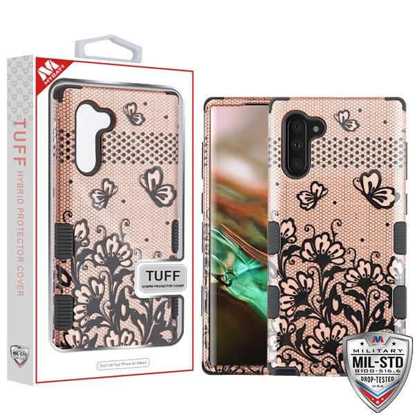 For Samsung Galaxy S10 5G (6.7") Hybrid Three Layer Hard PC Shockproof Heavy Duty TPU Rubber Anti-Drop Rose Gold Lace Flowers Phone Case Cover