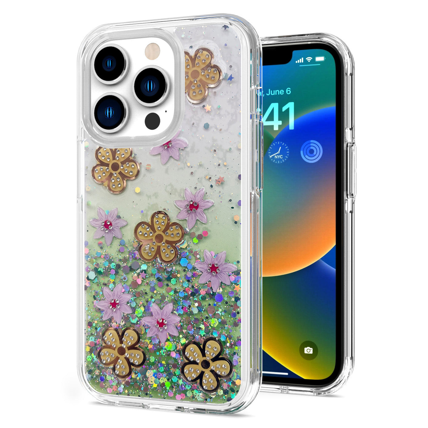 For Apple iPhone 11 (6.1") Floral Stylish Design Glitter Shiny Hybrid Rubber TPU Hard PC Shockproof Armor Slim Fit Phone Case Cover