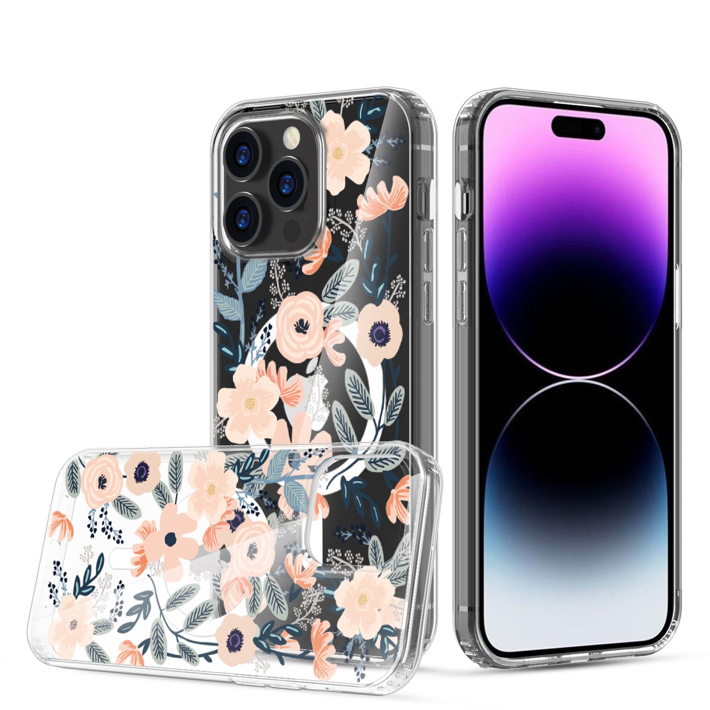 For Apple iPhone 14 /Plus Pro Max Clear Flower Pattern Design Compatible with MagSafe & Wireless Charging Phone Case Cover