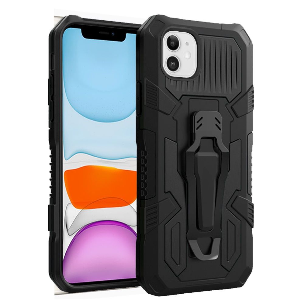 For Apple iPhone 13 (6.1") Rugged Heavy Duty Dual Layers Hybrid Shockproof Protective with Metal Clip Holder & Kickstand Phone Case Cover