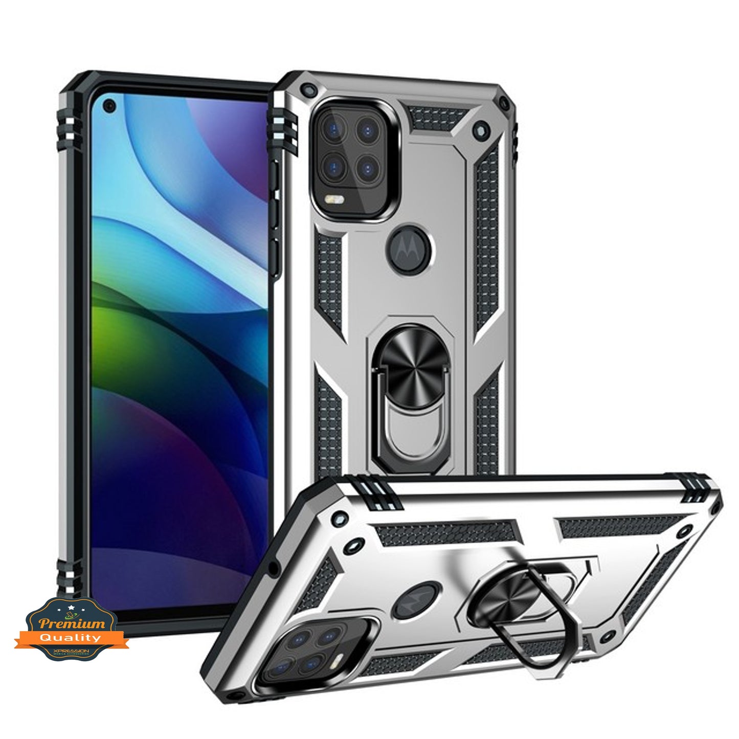 For Motorola Moto G Stylus 5G 2021 Shockproof Hybrid Dual Layer PC + TPU with Ring Stand Metal Kickstand Heavy Duty Armor Shell Phone Case Cover
