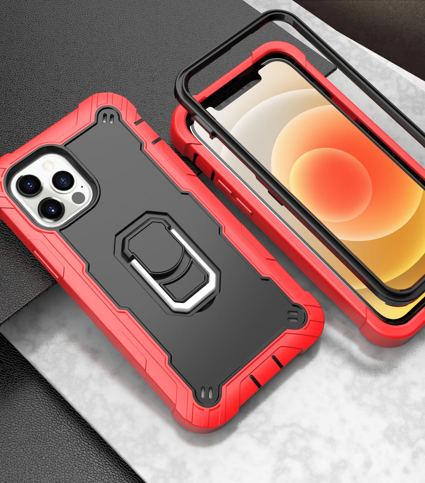 For Apple iPhone 12 Pro Max (6.7") Hybrid 3 Layers with 360° Rotatable Ring Kickstand Holder Heavy Duty Hard PC Soft Silicone Shockproof Phone Case Cover