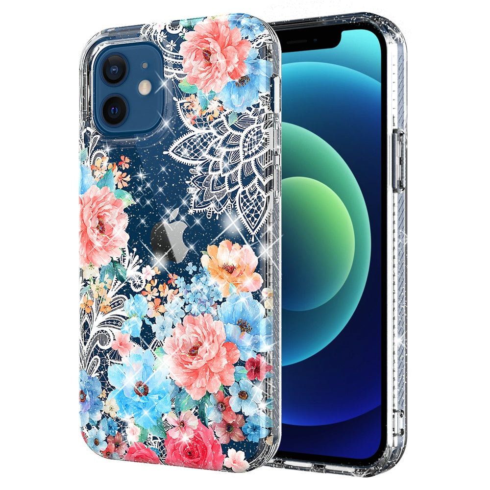 For Apple iPhone 8 /7/6s/6 /SE 2nd Generation Slim Hybrid Shiny Glitter Clear Floral Pattern Bloom Flower Design Hard PC Phone Case Cover