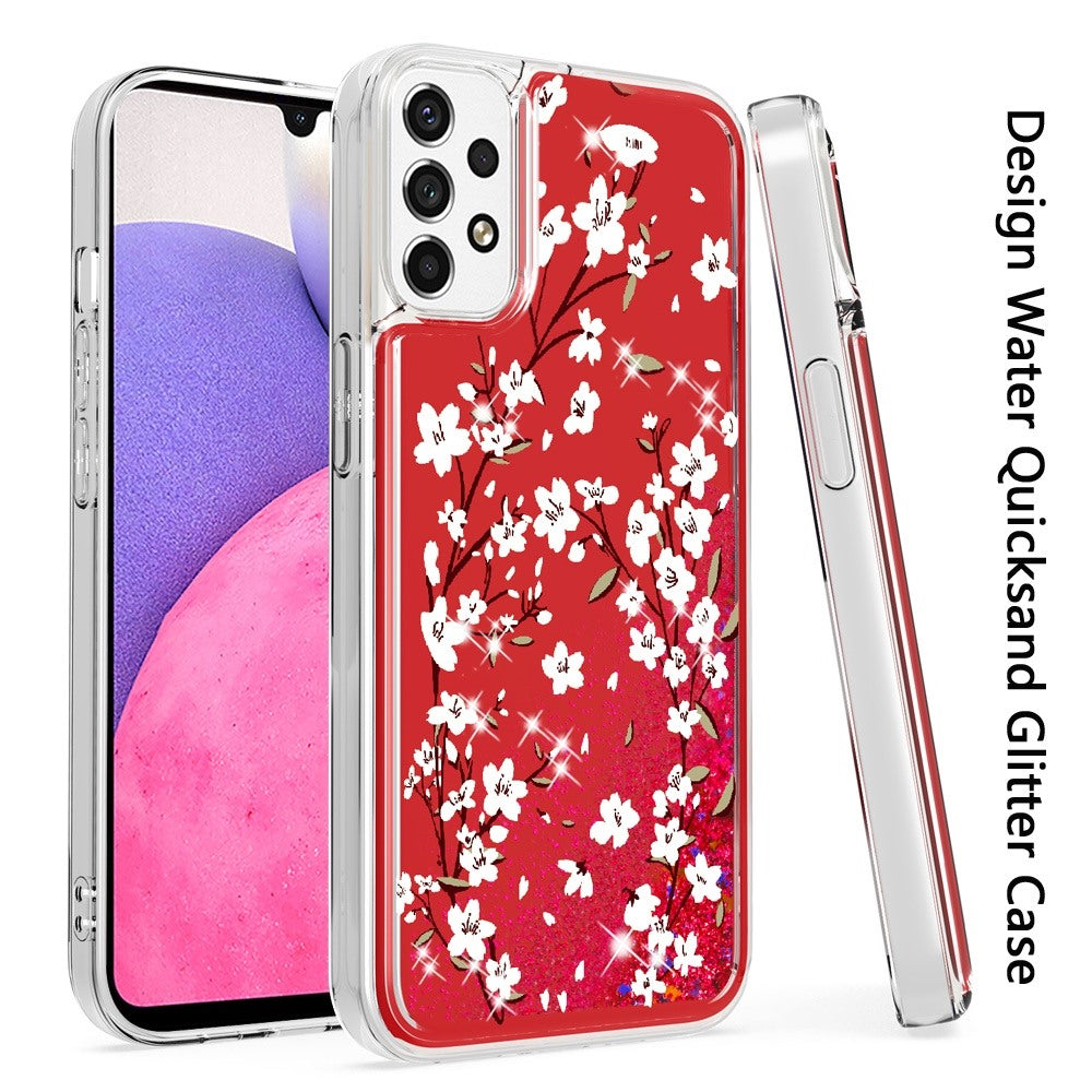 For Samsung Galaxy A33 5G Floral Design Quicksand Water Liquid Floating Sparkle Colorful Glitter Bling Flower Fashion Hybrid Phone Case Cover