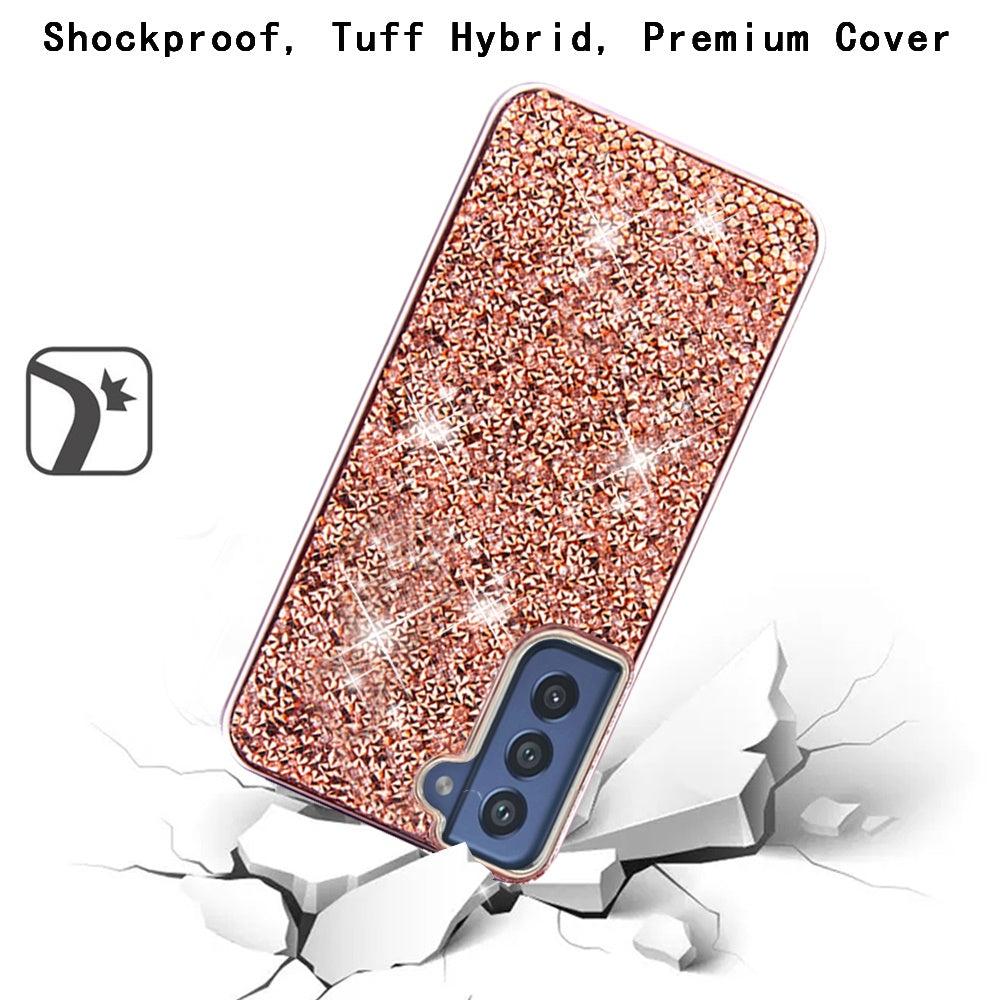 For Samsung Galaxy S22 /Plus Ultra Bling Rhinestone Diamond Shiny Glitter Hybrid Bumper Dual Layer Defender Rugged Shell Hard Rubber Phone Case Cover
