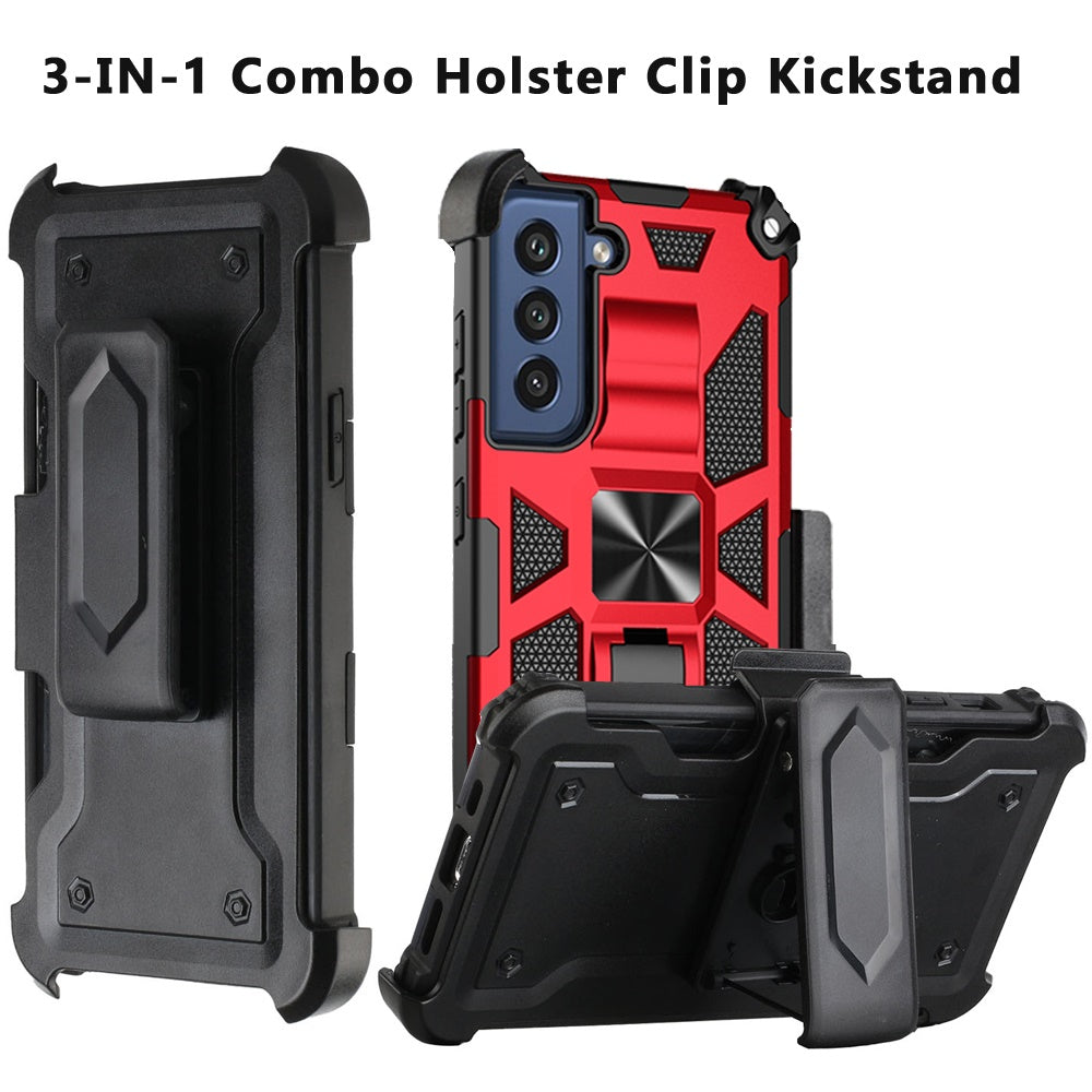 For Samsung Galaxy S21 FE /Fan Edition Hybrid 3in1 Combo Holster Belt Clip with Kickstand, Full-Body Protective Military-Grade Phone Case Cover