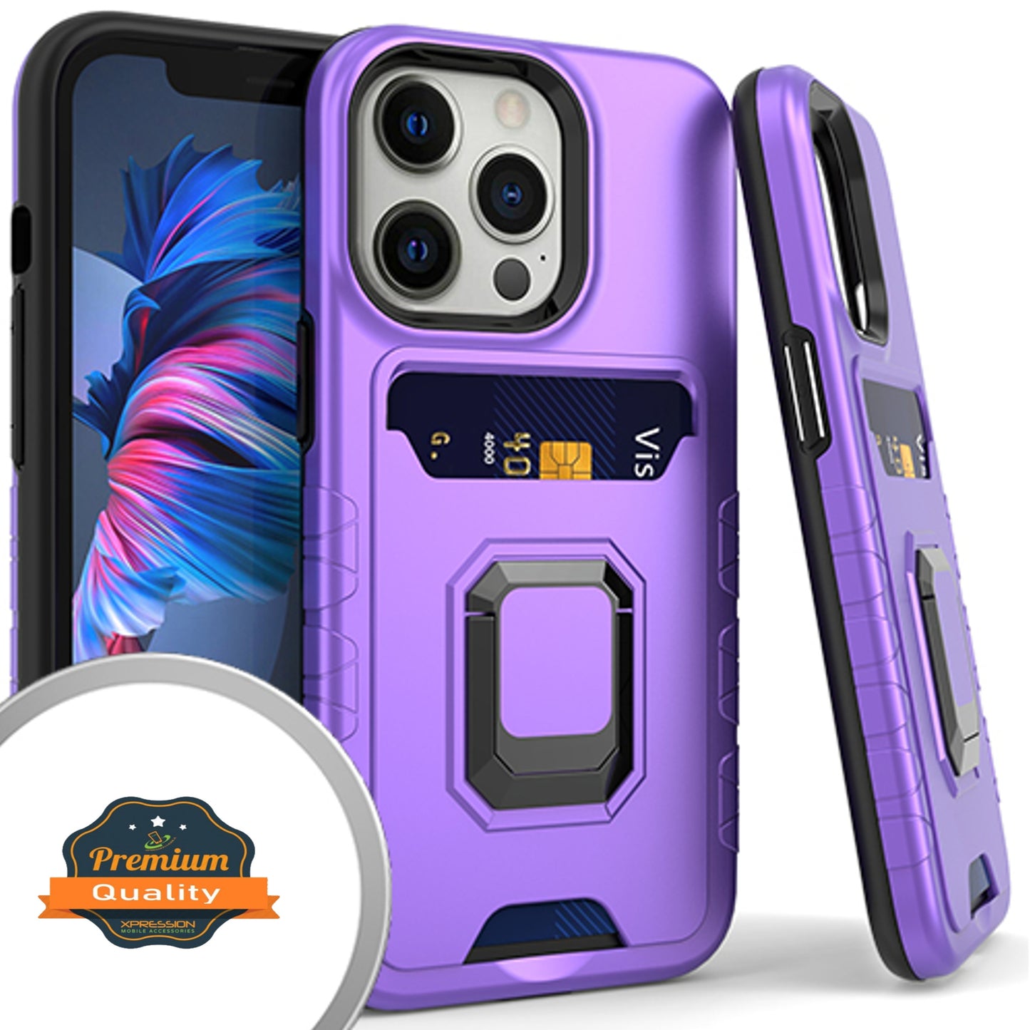 For Apple iPhone 13 /Pro Max Mini Wallet Credit Card Slot Holder with Metal Ring Kickstand Heavy Duty Shockproof Hybrid Dual Layer Magnetic Stand Phone Case Cover