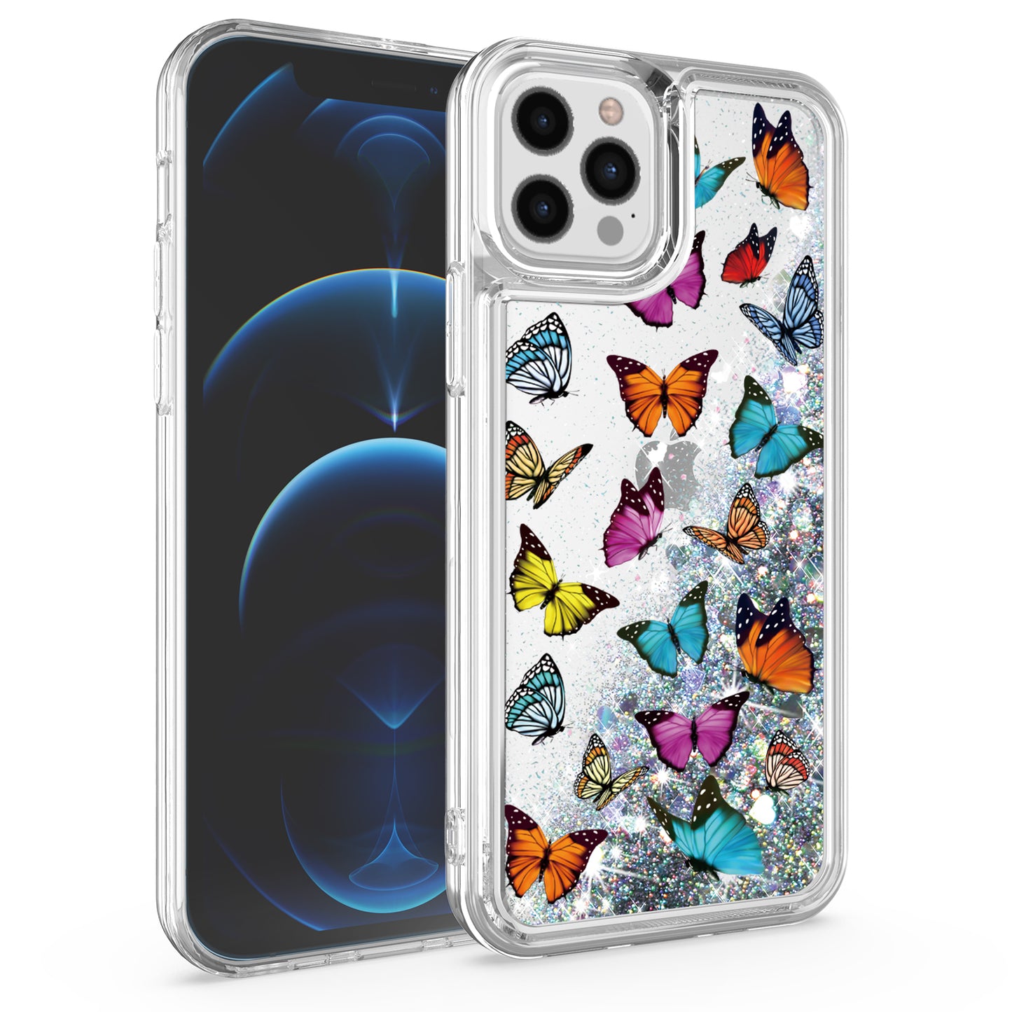 For Apple iPhone 13 Pro Max (6.7") Waterfall Quicksand Flowing Liquid Water Glitter Flower Design Bling Shockproof TPU Hybrid Protective Phone Case Cover