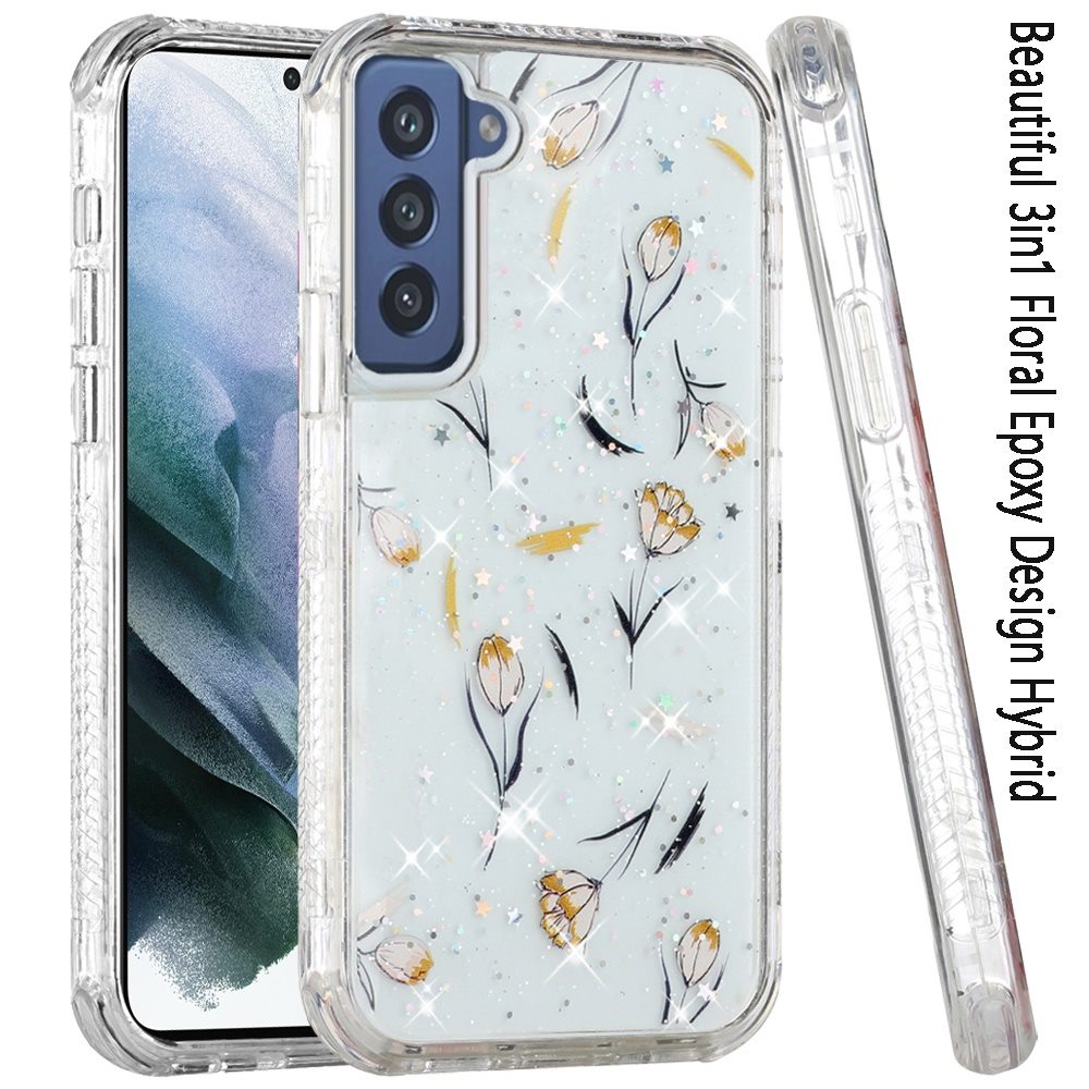 For Samsung Galaxy S21 FE /Fan Edition Sparkle Glitter Floral Epoxy Design Shockproof Hybrid Fashion Bling Rubber TPU Phone Case Cover