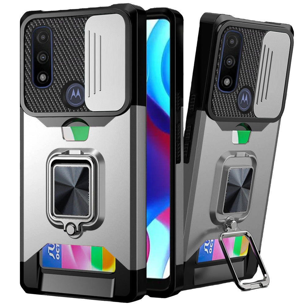 For Motorola Moto G Power 2022 Wallet Case with Ring Stand & Slide Camera Cover Credit Card Holder TPU Hard Shockproof Phone Case Cover