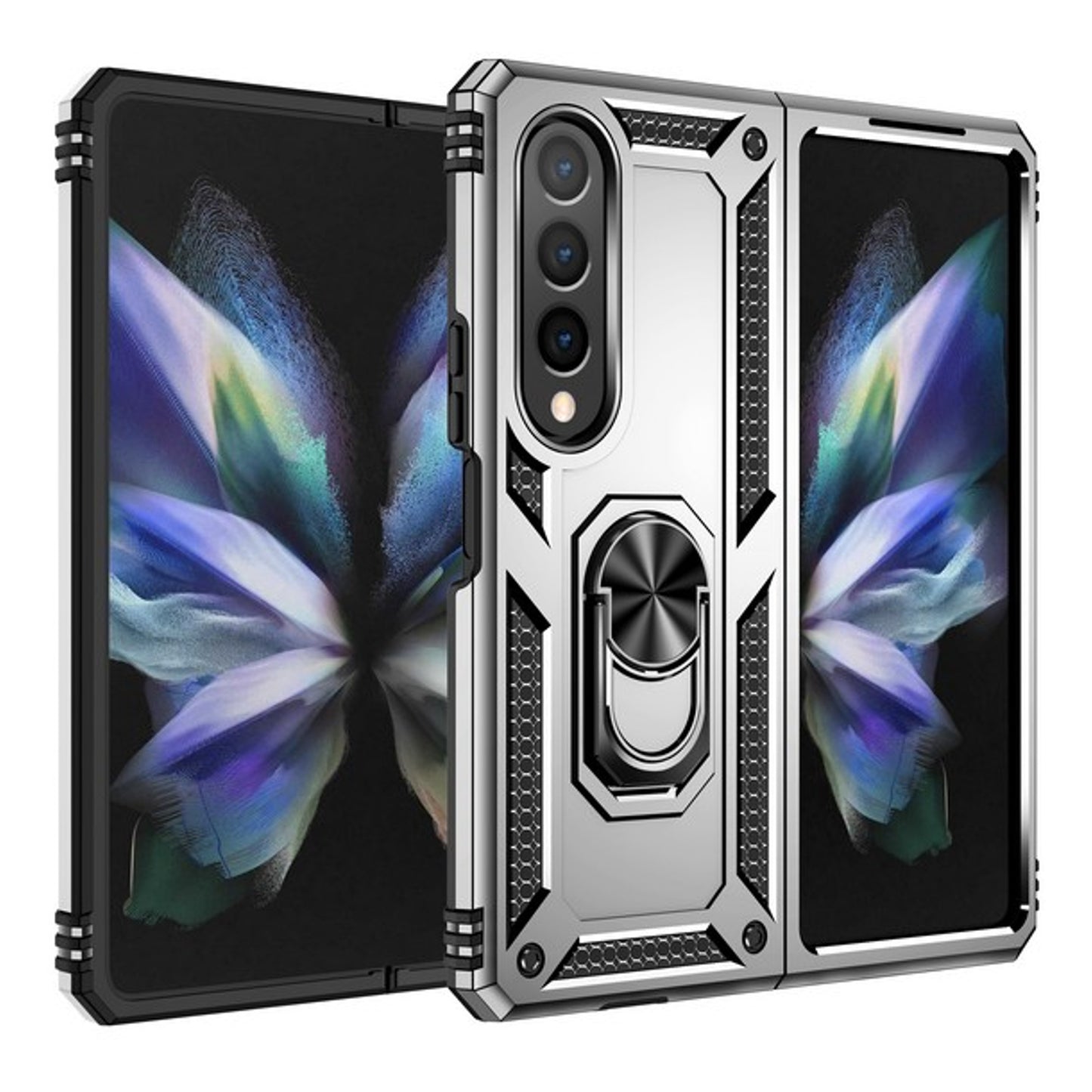 For Samsung Galaxy Z Fold 4 5G Shockproof Hybrid Dual Layer PC + TPU with Ring Stand Metal Kickstand Heavy Duty Rugged Armor Shell Phone Case Cover