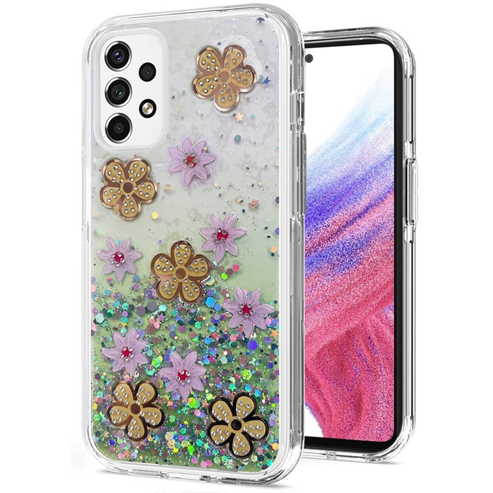 For Samsung Galaxy A53 5G Floral Stylish Design Glitter Shiny Hybrid Rubber TPU Hard PC Shockproof Armor Slim Fit Phone Case Cover