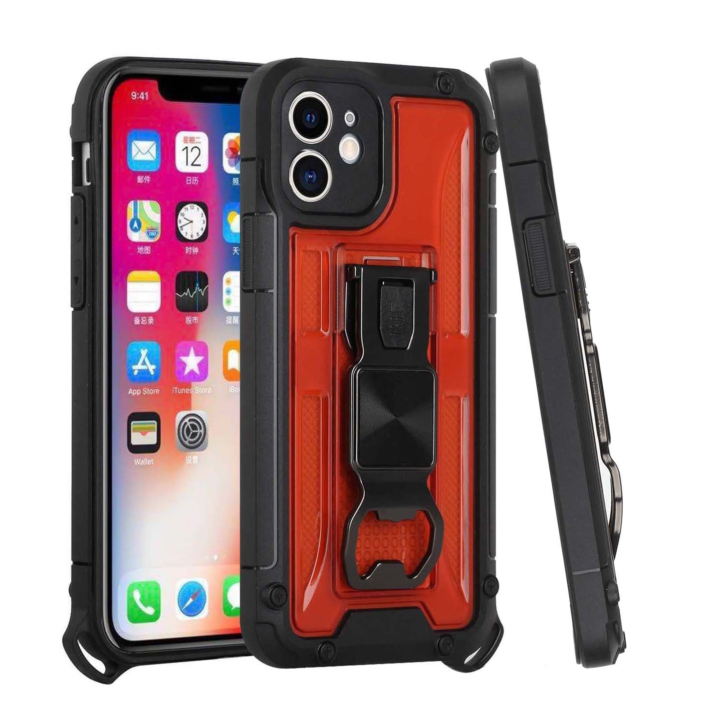 For Apple iPhone 13 Pro Max (6.7") Heavy Duty Military Grade Rugged Hybrid with Magnetic Kickstand, Carabiner, Bottle Beer Opener Shockproof Phone Case Cover
