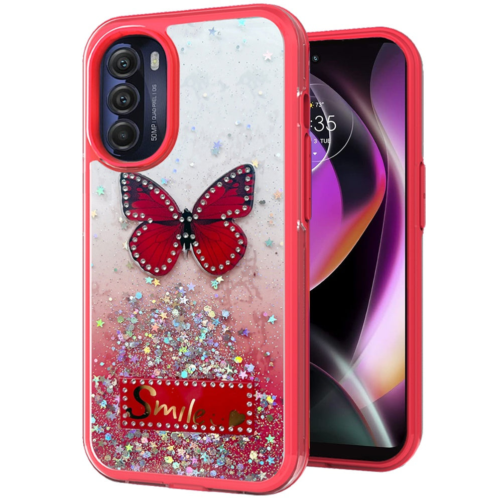 For Motorola Moto G 5G 2022 Butterfly Smile Glitter Bling Sparkle Epoxy Glittering Shining Hybrid Hard PC TPU Silicone Phone Case Cover