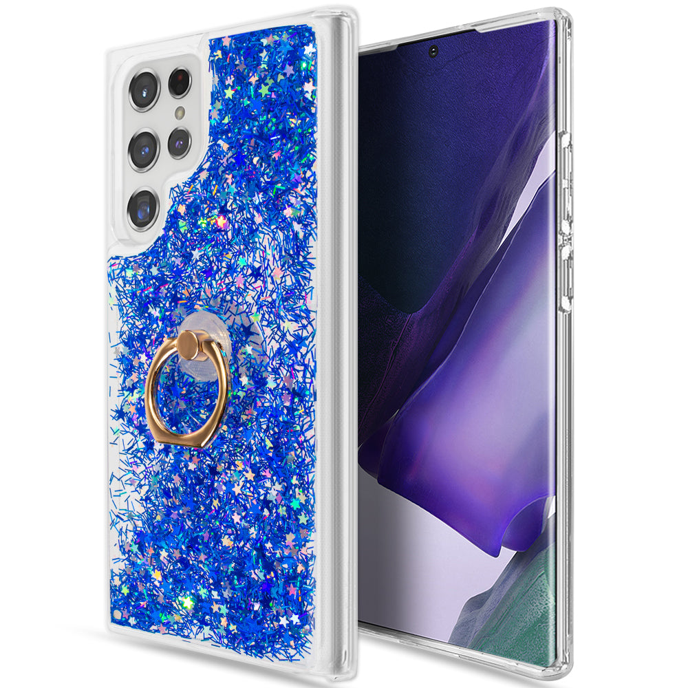 For Samsung Galaxy S22 /Plus Ultra Hybrid Glitter Luxury Bling Sparkling Liquid Quicksand Glittering Sparkle TPU Rubber PC with Ring Stand Holder Kickstand Phone Case Cover