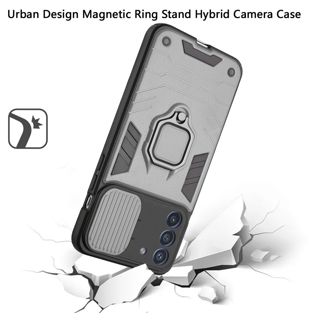 For Samsung Galaxy S21 FE /Fan Edition Kickstand Hybrid with Slide Camera Protector, Built-in 360° Rotate Ring Stand TPU Bumper Phone Case Cover